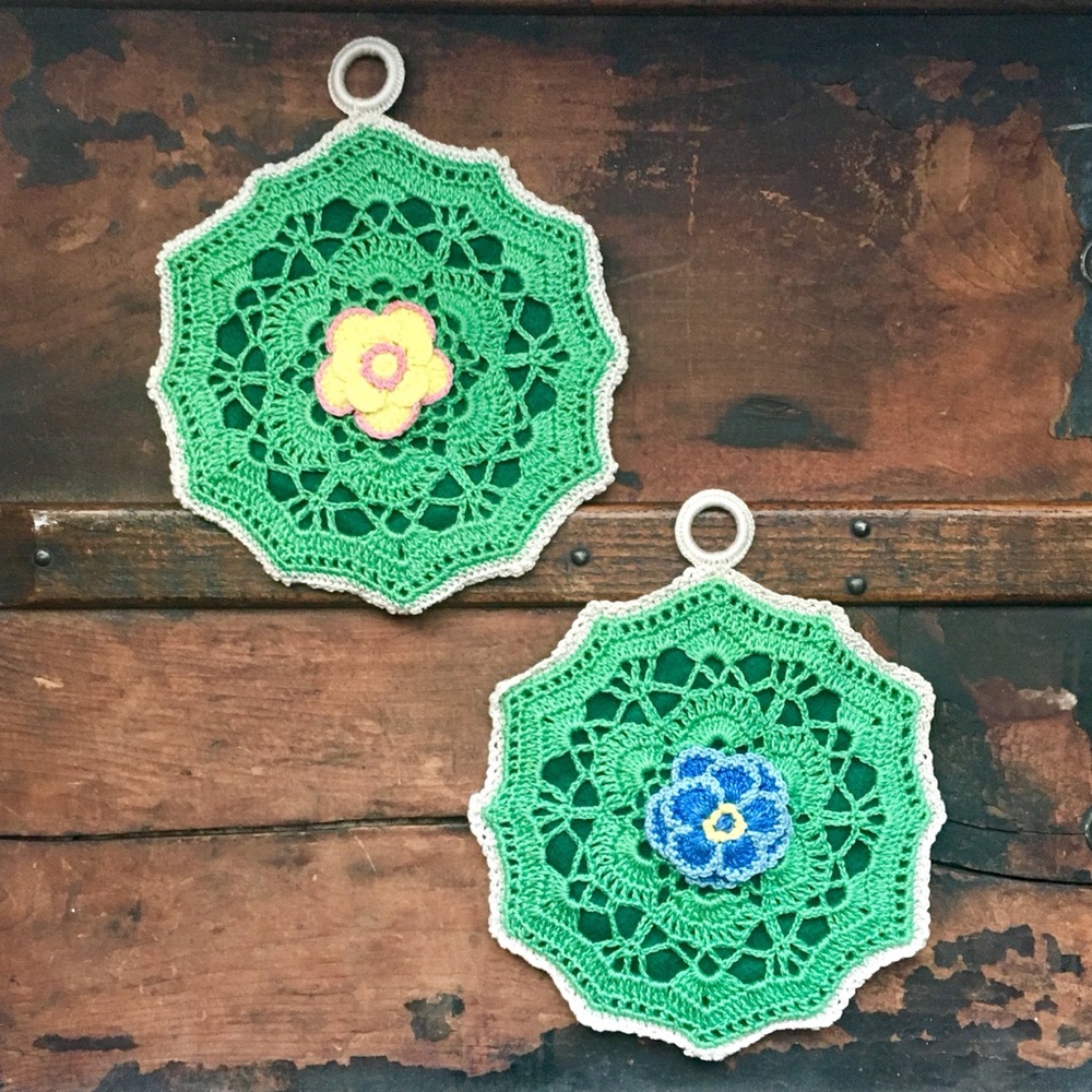 Set of 2 Handmade Crochet Green Floral Potholders